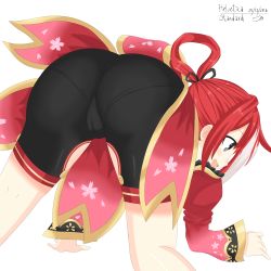 Rule 34 | 10s, 1girl, absurdres, all fours, ass, bike shorts, black eyes, cameltoe, detached sleeves, female focus, helvetica std, highres, kneepits, multicolored hair, neptune (series), open mouth, pantylines, red (neptunia), red hair, short hair, shorts, smile, solo, two-tone hair