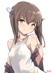 Rule 34 | 1girl, alternate costume, breasts, brown eyes, brown hair, fuji (pixiv24804665), headgear, highres, kantai collection, short hair, short hair with long locks, simple background, small breasts, smile, solo, taihou (kancolle), tank top, upper body, white background, white tank top