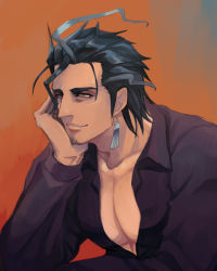 Rule 34 | 1boy, bara, black shirt, blue hair, closed mouth, collared shirt, commentary, dark blue hair, earrings, facial hair, goatee, hand on own chin, head rest, jewelry, large pectorals, long sideburns, looking at viewer, male focus, muscular, muscular male, orange background, partially unbuttoned, pectoral cleavage, pectorals, shirt, short hair, sideburns, smile, solo, stubble, take (zn 105), tassel, tassel earrings, tokyo houkago summoners, tsukuyomi (housamo), upper body, yellow eyes