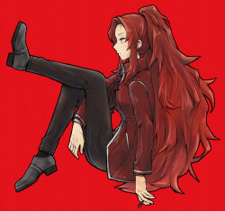 Rule 34 | 1girl, ascot, black ascot, black footwear, black pants, breasts, brooch, gebura (project moon), high ponytail, highres, jacket, jewelry, large breasts, leg up, library of ruina, long hair, long sleeves, pants, project moon, red background, red hair, red jacket, shoes, sidelocks, simple background, solo, very long hair, york0pm