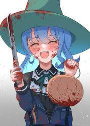 Rule 34 | 1girl, akagawashake, blood, blue hair, closed eyes, halloween, hat, hololive, hoshimachi suisei, open mouth, simple background, solo, virtual youtuber