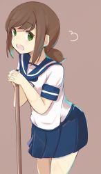 Rule 34 | 1girl, blue ribbon, blue sailor collar, blue skirt, blush, brown background, brown hair, commentary request, fubuki (kancolle), green eyes, hair tie, hands up, highres, houjichaoic, kantai collection, long hair, looking at viewer, low ponytail, neck ribbon, open mouth, own hands together, pleated skirt, ponytail, ribbon, sailor collar, school uniform, serafuku, shirt, short sleeves, simple background, skirt, solo, white shirt
