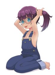 Rule 34 | 1girl, :p, adjusting hair, armpits, arms up, ashinoura, bare shoulders, barefoot, blue eyes, child, dr. slump, female focus, glasses, looking at viewer, naked overalls, norimaki arale, overalls, purple hair, simple background, sitting, smile, solo, tongue, tongue out, wariza, white background