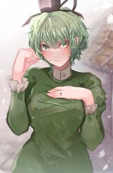 Rule 34 | 1girl, absurdres, breasts, dress, green dress, green eyes, green hair, hair between eyes, hand on own chest, hands up, hat, highres, jewelry, large breasts, long sleeves, looking at viewer, ring, short hair, soga no tojiko, solo, takana (forsterite), tate eboshi, touhou