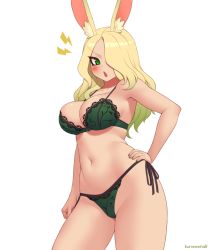 Rule 34 | 1girl, angry, animal ears, artist name, warrior of light (ff14), blonde hair, blush, bra, breasts, collarbone, commentary, commission, contrapposto, cowboy shot, english commentary, final fantasy, final fantasy xiv, gradient hair, green bra, green eyes, green hair, green nails, green panties, hair over one eye, hand on own hip, kuroonehalf, large breasts, lightning bolt symbol, lingerie, long hair, looking at viewer, multicolored hair, nail polish, navel, open mouth, panties, rabbit ears, side-tie panties, simple background, solo, stomach, underwear, v-shaped eyebrows, viera, white background