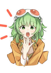 Rule 34 | 1girl, absurdres, commentary, goggles, goggles on head, green eyes, green hair, gumi, hand up, highres, hymgkamui, jacket, light blush, long sleeves, medium hair, open mouth, solo, upper body, vocaloid