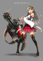 Rule 34 | 10s, 1girl, alternate weapon, ammunition, ammunition chute, artist name, black hair, black thighhighs, boots, brown eyes, detached sleeves, gatling gun, gia, grey background, gun, haruna (kancolle), highres, huge weapon, kantai collection, long hair, minigun, multiple-barrel firearm, nontraditional miko, open mouth, pigeon-toed, solo, standing, thigh boots, thighhighs, translated, weapon