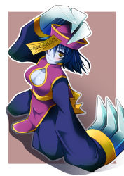Rule 34 | 1girl, blue hair, blue skin, blush, breasts, capcom, claw (weapon), claws, cleavage, cleavage cutout, clothing cutout, colored skin, flipped hair, from above, hat, jiangshi, lei lei, long sleeves, ofuda, qingdai guanmao, short hair, sleeves past wrists, smile, solo, tukuyo kiriyuki, vampire (game), weapon, wide sleeves, yellow eyes