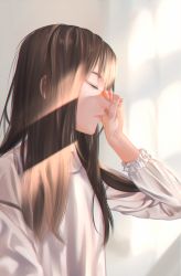 Rule 34 | 1girl, brown hair, closed mouth, day, female focus, from side, highres, indoors, lips, litra (ltr0312), long hair, long sleeves, pink lips, sleepy, solo, sunlight, upper body, waking up