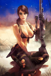Rule 34 | 1girl, asymmetrical gloves, bad id, bad tumblr id, bikini, bird, black gloves, blue eyes, bodypaint, boots, breasts, brown hair, cleavage, combat boots, combat knife, crystal graziano, facepaint, female focus, front-tie bikini top, front-tie top, gloves, gun, hair over shoulder, highres, holster, itsprecioustime, knife, large breasts, lips, long hair, metal gear (series), metal gear solid v: the phantom pain, midriff, mismatched gloves, navel, nose, pantyhose, parted lips, ponytail, quiet (metal gear), realistic, rifle, seagull, sheath, sheathed, sitting, sniper rifle, solo, swimsuit, thigh holster, torn clothes, torn pantyhose, underboob, weapon, yokozuwari