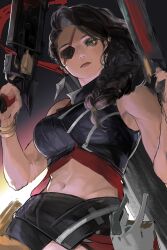 Rule 34 | 1girl, absurdres, bare shoulders, black hair, bracelet, breasts, closed mouth, earrings, eyepatch, gradient background, green eyes, gun, hands up, highres, holding, holding gun, holding weapon, jewelry, kkotkke, large breasts, league of legends, long hair, mole, mole above mouth, navel, samira, smile, solo, stomach, weapon