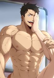 Rule 34 | 2boys, abs, absurdres, akitaru oubi, bad id, bad twitter id, bara, black hair, brown hair, en&#039;en no shouboutai, feet, feet on head, feet up, foot on another&#039;s face, foot on head, highres, implied sex, implied yaoi, kuroshinki, large pectorals, licking, male focus, multiple boys, muscular, navel, nipples, paid reward available, pectorals, short hair, suspenders, tongue, tongue out, topless male, upper body, yaoi
