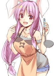 Rule 34 | 1girl, :d, alternate costume, animal ears, apron, bare shoulders, blush, bow, breasts, collarbone, commentary request, cowboy shot, denim, denim shorts, grey shirt, hair bow, hisae (hisae collect), holding, holding ladle, ladle, large breasts, long hair, looking at viewer, low-tied long hair, nail polish, off-shoulder shirt, off shoulder, open mouth, orange apron, pink hair, pink nails, pointing, pointing at self, rabbit ears, red eyes, reisen udongein inaba, shirt, short shorts, shorts, sidelocks, simple background, sketch, smile, solo, standing, touhou, unfinished, very long hair, white background, white bow