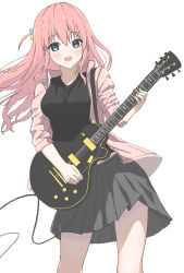 Rule 34 | 1girl, aqua eyes, black shirt, blush, bocchi the rock!, breasts, cable, commentary request, cube hair ornament, electric guitar, gibson les paul, gotoh hitori, grey skirt, guitar, hair ornament, highres, higuma29, holding, holding instrument, instrument, jacket, medium breasts, open clothes, open jacket, open mouth, pink jacket, pleated skirt, shirt, simple background, skirt, sleeves rolled up, smile, solo, track jacket, white background