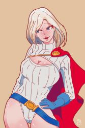 Rule 34 | 1girl, animification, belt, blonde hair, blue eyes, blue gloves, blush, breasts, cameltoe, cape, cleavage, cleavage cutout, clothing cutout, dc comics, female focus, gloves, hand on own hip, highres, kryptonian, large breasts, meme attire, open-chest sweater, power girl, red cape, red hair (artist), ribbed sweater, short hair, simple background, solo, superman (series), sweater, thigh gap, turtleneck