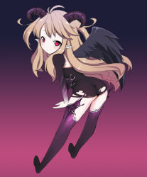 Rule 34 | 1girl, ahoge, ass, ayakashi onmyouroku, back cutout, behemoth (ayakashi onmyouroku), bent over, black dress, black wings, blonde hair, clothing cutout, demon girl, dress, flat chest, gradient background, horns, long hair, looking back, pointy ears, purple background, red eyes, shishi (x67937183), short dress, simple background, smile, solo, tearing clothes, thighhighs, tight clothes, tight dress, torn clothes, wings, zettai ryouiki