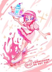 Rule 34 | 1girl, apron, cherry, closed mouth, commentary, commission, cross-laced footwear, cup, dress, earrings, english commentary, food, frilled dress, frills, fruit, full body, glass, hat, heart, highres, holding, holding plate, ice cream, inline skates, jewelry, medium hair, nintendo, octoling, octoling girl, octoling player character, one eye closed, paint, parfait, plate, purple eyes, red dress, red footwear, red hair, red hat, roller skates, simple background, skates, smile, solo, sparkle, splatoon (series), star (symbol), star earrings, tentacle hair, thick eyebrows, tokkibada, visor cap, watermark, white background