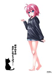 Rule 34 | 1girl, :o, animal, antenna hair, barefoot, black hoodie, blue eyes, blue shorts, blush, breasts, cat, clothes writing, copyright request, drawstring, full body, hair between eyes, hand up, highres, hood, hood down, hoodie, kaze makase, long sleeves, mole, mole under eye, parted lips, pig print, pink hair, print hoodie, short shorts, shorts, signature, simple background, sleeves past wrists, small breasts, solo, standing, translation request, transparent background, virtual youtuber, walking, white background