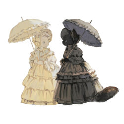 Rule 34 | animal, animal focus, black bonnet, black bow, black bowtie, black cat, black dress, black umbrella, blue eyes, bonnet, bow, bowtie, cat, clothed animal, collared dress, dress, frilled dress, frilled headwear, frilled sleeves, frilled umbrella, frills, hat, hat bow, highres, holding, holding umbrella, long dress, looking at another, no humans, original, parasol, puffy short sleeves, puffy sleeves, short sleeves, simple background, slit pupils, tono (rt0no), umbrella, white background, white bonnet, white bow, white bowtie, white cat, white dress, white umbrella