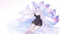 Rule 34 | 1girl, :d, absurdres, animal ears, bare legs, breasts, brown eyes, cleavage, collarbone, feet out of frame, fox ears, fox girl, fox tail, highres, kirby d a, large breasts, lingerie, long hair, looking at viewer, multiple tails, negligee, open mouth, original, pulling own clothes, sitting, smile, solo, spaghetti strap, strap pull, strap slip, tail, underwear, very long hair, white hair