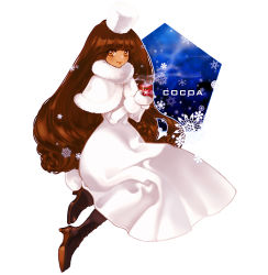Rule 34 | 1girl, artist request, boots, brown eyes, brown hair, capelet, character name, cocoa cookie, commentary request, cookie run, cup, dress, food, full body, glory009, gloves, hat, heart, hot chocolate, humanization, long hair, long sleeves, marshmallow, mug, pantyhose, personification, print mug, snowflake print, solo, very long hair, white dress, white gloves