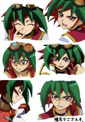 Rule 34 | 1boy, choker, closed eyes, dyed bangs, expressions, goggles, goggles on head, green hair, grin, looking at viewer, male focus, multicolored hair, open mouth, red eyes, red hair, red shirt, rento (rukeai), sakaki yuya, shirt, smile, spiked hair, star (symbol), sweatdrop, yu-gi-oh!, yu-gi-oh! arc-v