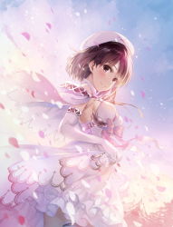 Rule 34 | 1girl, absurdres, beret, blush, bow, breasts, brown eyes, brown hair, capelet, closed mouth, cloud, cloudy sky, dress, elbow gloves, gloves, gradient sky, hat, highres, katou megumi, looking at viewer, medium breasts, misaki kurehito, official art, outdoors, petals, saenai heroine no sodatekata, short dress, short hair, skirt hold, sky, smile, solo, white dress, white gloves
