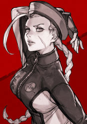 Rule 34 | 1girl, antenna hair, arm above head, beret, braid, braided ponytail, breasts, cammy white, capcom, facial scar, greyscale, hat, hungry clicker, limited palette, long hair, looking at viewer, monochrome, red background, scar, scar on cheek, scar on face, solo, street fighter, two-tone background, upper body