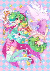 Rule 34 | 1girl, ahoge, bare shoulders, carnelian, drill hair, dual persona, full body, garter straps, green hair, hat, high-waist shorts, high heels, key, macross, macross frontier, macross frontier: sayonara no tsubasa, musical note, necktie, one eye closed, open mouth, pantyhose, ranka lee, red eyes, shorts, star (symbol), stuffed animal, stuffed toy, teddy bear, thighhighs, top hat, twin drills, twintails, wink