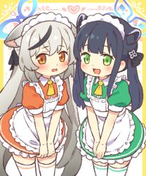 Rule 34 | 2girls, :d, alternate costume, animal ear fluff, animal ears, apron, ascot, black hair, blue archive, blue halo, commentary, cowboy shot, dress, enmaided, extra ears, flat chest, frilled apron, frilled dress, frills, green dress, green eyes, grey hair, halo, kokona (blue archive), long hair, looking at viewer, maid, maid apron, maid headdress, multiple girls, onyhakase, open mouth, orange dress, orange eyes, puffy short sleeves, puffy sleeves, short dress, short sleeves, shun (blue archive), shun (small) (blue archive), siblings, sisters, smile, thighhighs, tiger ears, tiger girl, twintails, very long hair, wavy mouth, white apron, white thighhighs, yellow ascot, zettai ryouiki