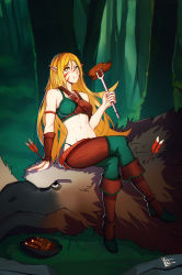 Rule 34 | 1girl, :t, absurdres, armband, armor, bare shoulders, bikini armor, blonde hair, brown footwear, brown pants, closed mouth, commentary, commission, crossed legs, distr, eating, english commentary, facial mark, fold-over boots, food, forest, fork, green eyes, green thighhighs, griffin, highres, holding, holding food, leaning back, long hair, looking up, nature, navel, original, pants, signature, sitting, solo, thighhighs, tree, vambraces