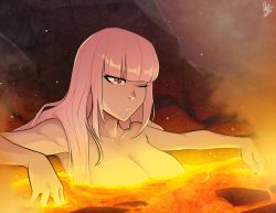 Rule 34 | 1girl, blunt bangs, breasts, collarbone, convenient censoring, floating breasts, hololive, hololive english, lava, lava bath, long hair, mori calliope, mx. moz, nail polish, one eye closed, pink hair, red eyes, rock, solo, steam, virtual youtuber