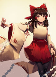 Rule 34 | 1girl, absurdres, alternate costume, arm up, between fingers, black thighhighs, blush, bow, breasts, brown hair, commentary request, dot mouth, dot nose, feet out of frame, frilled bow, frills, gohei, gradient background, hair bow, hair ribbon, hair tubes, hakurei reimu, highres, holding, japanese clothes, kurowa (curowa), light particles, long sleeves, looking to the side, medium breasts, medium hair, ofuda, ofuda between fingers, petticoat, pleated skirt, ponytail, red bow, red skirt, ribbon, ribbon-trimmed sleeves, ribbon trim, sidelocks, simple background, skirt, solo, standing, thighhighs, touhou, wide sleeves, yellow background, yin yang, yin yang print