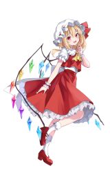 Rule 34 | 1girl, ascot, blonde hair, blush, commentary request, crystal, flandre scarlet, hat, hat ribbon, highres, kure~pu, looking at viewer, mob cap, multicolored wings, one side up, open mouth, puffy short sleeves, puffy sleeves, red eyes, red footwear, red skirt, red vest, ribbon, short sleeves, side ponytail, skirt, skirt set, smile, socks, solo, touhou, vest, white hat, white socks, wings, wrist cuffs, yellow ascot