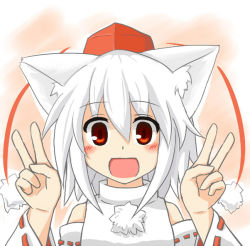 Rule 34 | 1girl, animal ear fluff, animal ears, bare shoulders, blush, detached sleeves, double v, fang, hair between eyes, happy, hat, inubashiri momiji, kibisake, looking at viewer, open mouth, pom pom (clothes), portrait, red eyes, s katsuo, shirt, short hair, silver hair, solo, tokin hat, touhou, v, white shirt, wolf ears