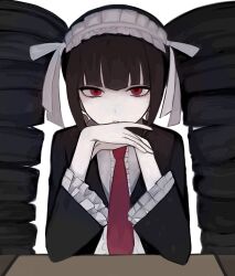 Rule 34 | 1girl, anjeu (uuci925), black jacket, brown hair, celestia ludenberg, center frills, danganronpa: trigger happy havoc, danganronpa (series), drill hair, frilled jacket, frills, frown, gothic lolita, hands up, headdress, highres, jacket, lolita fashion, long sleeves, necktie, own hands together, red eyes, red necktie, simple background, solo, twin drills, twintails, upper body, white background