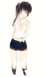 Rule 34 | 1girl, arms behind back, bare shoulders, brown hair, contrapposto, grey eyes, hair ornament, hair scrunchie, long hair, looking at viewer, lpip, original, parted lips, scrunchie, shirt, short shorts, shorts, side ponytail, simple background, sketch, sleeveless, sleeveless shirt, solo, standing, tied shirt, white background