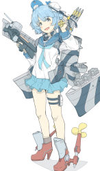 Rule 34 | 1girl, :d, animal, animal on head, blue hair, blue neckerchief, blue sailor collar, blue skirt, blush, dixie cup hat, double bun, eyebrows, flat chest, full body, hair bun, hand up, hat, head tilt, high heels, highres, holding, kantai collection, legs apart, lifebuoy, long sleeves, machinery, medal, military hat, miniskirt, neckerchief, ninimo nimo, on head, open mouth, pleated skirt, red footwear, roman numeral, rudder footwear, sailor collar, samuel b. roberts (kancolle), school uniform, serafuku, shirt, shoes, short hair, simple background, skirt, sleeve cuffs, smile, solo, standing, star (symbol), swim ring, thigh strap, torpedo, trigger discipline, turret, v, whale, white background, white eyes, white hat, white shirt