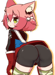 Rule 34 | 1girl, 7th dragon, 7th dragon (series), animal ear fluff, animal ears, arched back, ass, bike shorts, black shorts, blue jacket, blush, cat ears, fighter (7th dragon), gloves, green eyes, green thighhighs, hair between eyes, hair bobbles, hair ornament, harukara (7th dragon), jacket, leaning forward, long sleeves, looking at viewer, looking back, naga u, one side up, pink hair, red gloves, shadow, short shorts, shorts, solo, striped clothes, striped thighhighs, thighhighs, white background