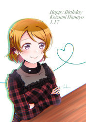 Rule 34 | 1girl, artist name, artist request, black choker, blush, bow, braid, breasts, brown hair, checkered clothes, checkered dress, choker, collarbone, crown braid, dress, earrings, elbows on table, female focus, hair between eyes, hair bow, highres, jewelry, koizumi hanayo, looking at viewer, love live!, love live! school idol festival, love live! school idol festival all stars, love live! school idol project, medium breasts, mochi22mo, mochi (mochi22mo), parted lips, purple eyes, red bow, red dress, short hair, smile, solo, table, upper body