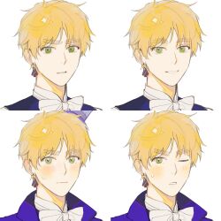 Rule 34 | 1boy, blonde hair, blue coat, blue vest, blush, bow, bowtie, character request, closed mouth, coat, collared coat, collared shirt, copyright request, drop earrings, earrings, eji gakuki, empty eyes, expressions, green eyes, highres, jewelry, looking at viewer, male focus, one eye closed, parted lips, shirt, short hair, simple background, smile, spade (shape), spade earrings, sweatdrop, teeth, variations, vest, white background, white bow, white bowtie, white shirt