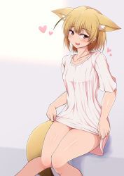 Rule 34 | 1girl, animal ear fluff, animal ears, bare legs, blonde hair, blouse, blush, bottomless, brown eyes, collarbone, commentary request, fang, fennec (kemono friends), fox ears, fox tail, heart, highres, kemono friends, looking at viewer, ponponmaru, shirt, short hair, short sleeves, sitting, skin fang, solo, sweater, tail, white shirt, white sweater