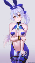 Rule 34 | 1girl, adapted costume, animal ears, arm under breasts, blue bow, blue thighhighs, blush, bow, breasts, closed mouth, collarbone, commentary request, covered collarbone, covered erect nipples, fake animal ears, fate/grand order, fate (series), grey hair, hair between eyes, hair bow, heart pasties, large breasts, long hair, looking at viewer, maebari, meme attire, navel, pasties, ponytail, rabbit ears, red eyes, revealing clothes, reverse bunnysuit, reverse outfit, revision, same no fukahire, simple background, solo, standing, thigh strap, thighhighs, thighs, tomoe gozen (fate), tomoe gozen (swimsuit saber) (fate), tomoe gozen (swimsuit saber) (first ascension) (fate), white background, white thighhighs