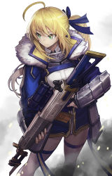Rule 34 | 1girl, adapted costume, ahoge, alternate weapon, arm guards, artoria pendragon (all), artoria pendragon (fate), bayonet, blonde hair, blue jacket, blue ribbon, bow, expressionless, fate/stay night, fate (series), goomrrat, green eyes, gun, hair bow, highres, jacket, long hair, looking to the side, ponytail, ribbon, rifle, saber (fate), scope, smoke, solo, weapon