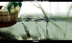Rule 34 | 1girl, bad id, bad twitter id, bucket, english text, fingernails, green eyes, green hair, japanese clothes, kimono, kisume, kukka, letterboxed, long hair, matching hair/eyes, nail polish, partially submerged, smile, solo, text focus, touhou, twintails, water