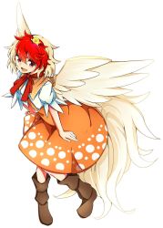 Rule 34 | 1girl, baba (baba seimaijo), bird, blonde hair, boots, chick, commentary request, highres, looking at viewer, multicolored hair, niwatari kutaka, open mouth, puffy short sleeves, puffy sleeves, red eyes, red hair, short hair, short sleeves, touhou, two-tone hair, white background, wings