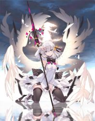 Rule 34 | 1girl, angel wings, armpits, bare shoulders, black thighhighs, blue eyes, blurry, breasts, closed mouth, clothing cutout, cloud, dark clouds, dress, feathered wings, hair between eyes, hand on own head, head tilt, highres, kneeling, lance, long sleeves, looking at viewer, medium hair, nanananana, original, polearm, reflection, shoes, shoulder cutout, small breasts, solo, sunlight, thighhighs, weapon, white dress, white footwear, white hair, wings, zettai ryouiki