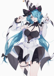 Rule 34 | 1girl, absurdres, argyle clothes, argyle thighhighs, bare shoulders, black bow, black bowtie, black dress, black hat, black nails, blue hair, blue scales, bow, bowtie, breasts, covered navel, cowboy shot, detached sleeves, double finger gun, dress, fang, finger gun, fingernails, gem, grey eyes, hair bow, hair over one eye, hat, hat bow, hat ornament, highres, hoop, hula hoop, linea alba, long hair, looking at viewer, low-tied long hair, low twintails, makeup, mascara, medium breasts, nail polish, parted lips, party hat, path to nowhere, pointing, pointing at self, pugongying, purple gemstone, purple lips, serpent (path to nowhere), sharp fingernails, shorts under dress, simple background, single thighhigh, slit pupils, solo, star (symbol), star hat ornament, thighhighs, twintails, two-tone dress, two-tone hat, very long hair, white background, white dress, white hat, white sleeves, white thighhighs