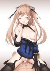 Rule 34 | 1boy, 1girl, abs, black gloves, blush, breasts, brown hair, closed eyes, cowgirl position, cum, cum in pussy, driftkingtw, garter straps, girl on top, gloves, hair ornament, heart, hetero, highres, johnston (kancolle), kantai collection, looking at viewer, medium breasts, nipples, no bra, no panties, off shoulder, open mouth, pussy juice, sex, single glove, solo focus, spoken heart, straddling, thighhighs, two side up, vaginal