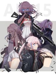 Rule 34 | 1girl, absurdres, ar-15, ass, asymmetrical legwear, bare shoulders, black jacket, black thighhighs, blood, blood on face, blue eyes, blush, breasts, bullet, character name, closed eyes, closed mouth, collarbone, commentary, cropped legs, dress, girls&#039; frontline, gloves, grey background, gun, hair between eyes, hair ornament, highres, jacket, long hair, long sleeves, magazine (object), magazine (weapon), multiple views, name connection, object namesake, open clothes, open jacket, panties, pink hair, pleated dress, profile, purple gloves, revision, ribbed dress, rifle, single thighhigh, sleeveless, sleeveless dress, small breasts, st ar-15 (girls&#039; frontline), swav, thigh strap, thighhighs, twintails, two-tone background, underwear, uneven legwear, very long hair, weapon, weapon on back, white background, white dress, white panties